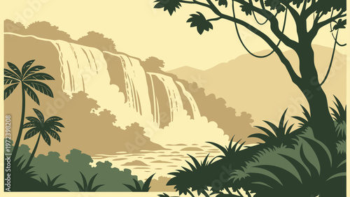 Tropical jungle landscape, waterfall scene, green foliage, vintage travel illustration, exotic nature background