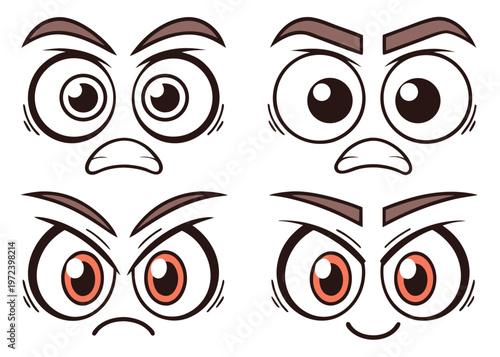 Four sets of cartoon facial expressions showing surprise and anger are depicted using large irises and mouth shapes on a white background.