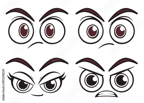 Four pairs of expressive cartoon eyes showing suspicious, angry, coy, and shocked moods are displayed in a grid on a white background.