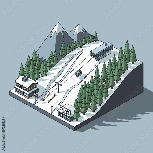 Isometric ski resort with chairlifts and snow-covered mountains.