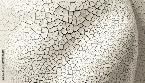 A close-up view of a cracked surface with a mosaic pattern of small, irregular tiles