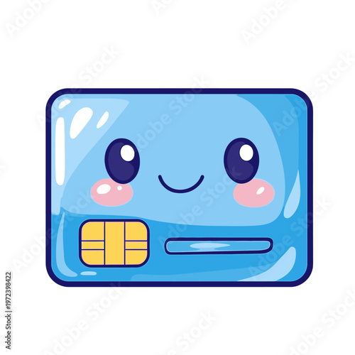 Cartoon-style credit card with a happy face, featuring pink cheeks and round eyes