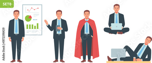 Professional businessman character set in various poses including superhero cape presentation with data charts and remote work laptop illustration vector
