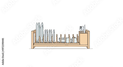 Wooden Dish Drying Rack with Plates and Cutlery