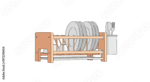 Wooden Dish Drying Rack with Plates and Cutlery