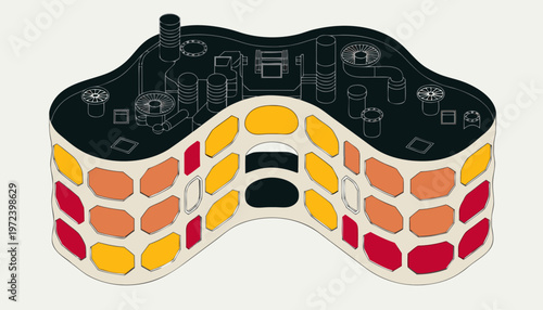 A colorful vector graphic illustration of a cell with a black nucleus and a wavy membrane