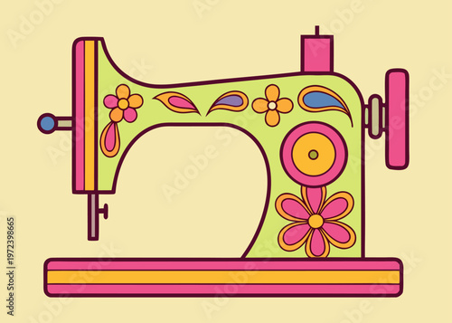 A light green vintage sewing machine illustrated with purple outlines and decorated with orange and pink flowers and blue paisley patterns on a yellow background.