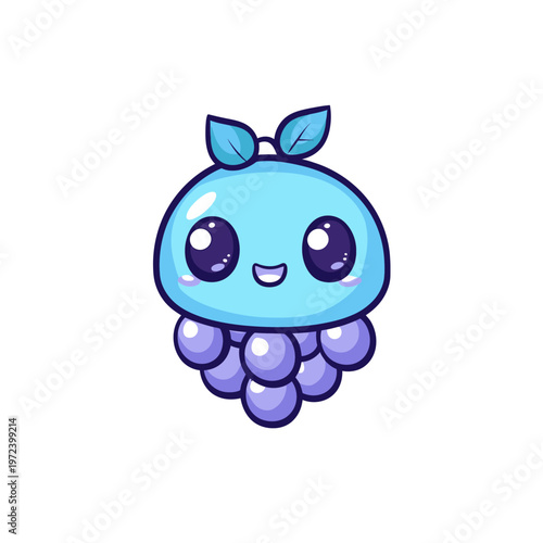A cute, cartoon-style creature with a blue rounded head, leaves on top, and grape-like lower body