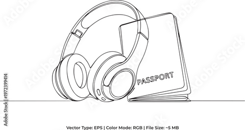 Travel Essentials Line Art - Headphones and Passport
