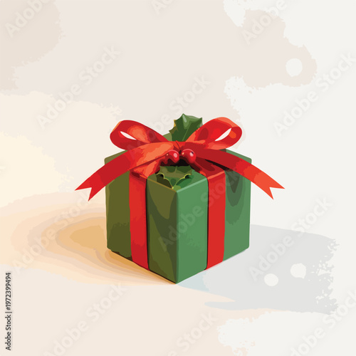 Green gift box with red ribbon.