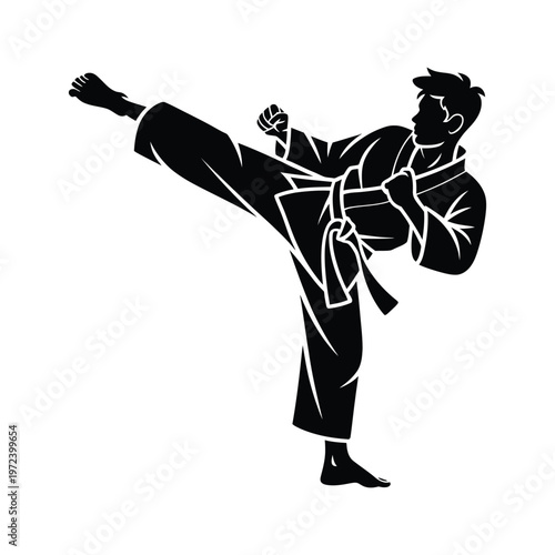 Detailed silhouette of martial artist executing powerful kick in karate uniform black and white lines.