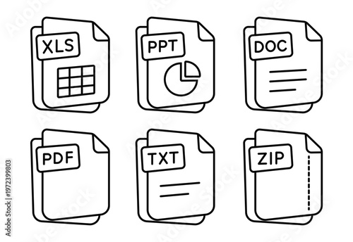 File Format Icons Set – Document Types XLS PPT DOC PDF TXT ZIP Line Vector