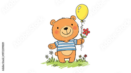 A cute brown bear holds a yellow balloon and red flower in a green grassy field with colorful flowers.