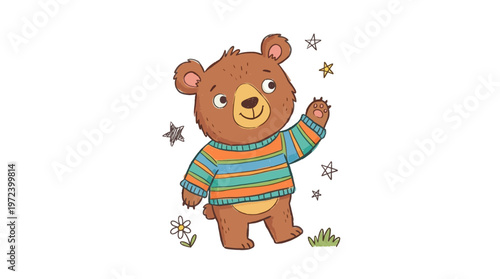 A brown bear wearing a striped shirt waves amidst flowers and stars outside
