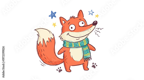 A cheerful cartoon fox wearing a scarf surrounded by colorful stars.