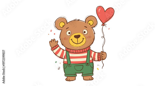 A cute brown bear holds a heart-shaped balloon in a playful scene