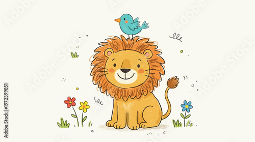 A lion sits calmly with a bird on its head surrounded by colorful flowers and lush greenery in a serene natural setting.