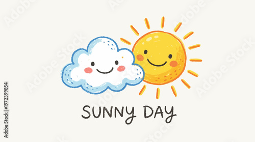 Smiling sun and cloud illustration on a sunny day with happiness