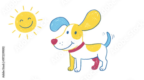 A happy dog plays outside under the sunny weather conditions.