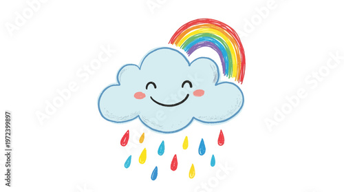 A smiling cloud with rosy cheeks and a rainbow rains colorful droplets