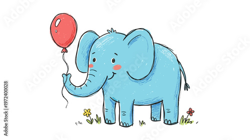 A blue elephant holds a red balloon in a field with flowers