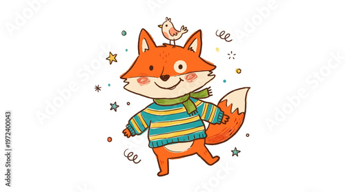 A cartoon fox wearing a striped shirt dances with a bird on its head surrounded by colorful stars and sparks in a lively scene.