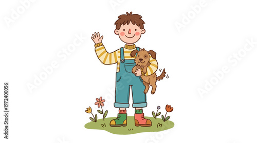 A smiling boy waving while holding a brown dog on green grass with colorful flowers.