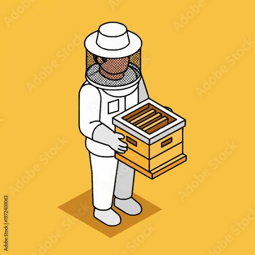 Beekeeper in protective clothing holding hive.