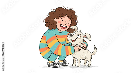 A girl hugs and playfully interacts with her happy dog outside.