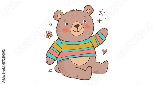 A cute brown bear wearing a striped sweater sits happily outdoors.