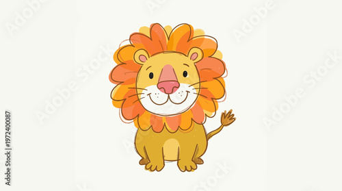 A cartoon lion character sits smiling in a friendly illustration scene.
