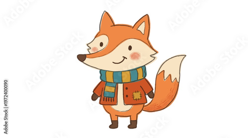 A smiling cartoon fox wearing a colorful scarf and jacket stands outdoors