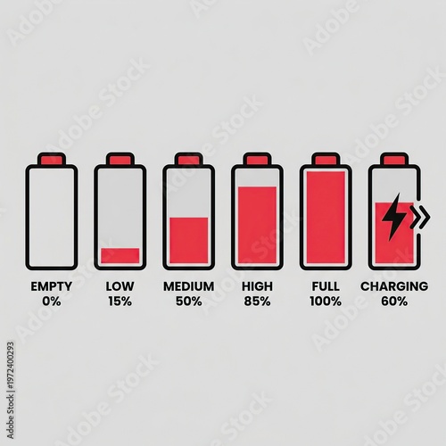 Battery Charge Level Illustration Showing Empty Low Medium High Full and Charging Symbols