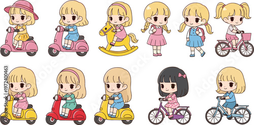 Cute little girl character set featuring children riding scooter, bicycle, and toys in adorable pastel cartoon style for kids illustration design