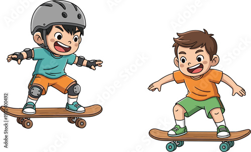 Cute kids skateboarding illustration set featuring playful boys with helmets performing tricks and riding skateboards in colorful cartoon vector style