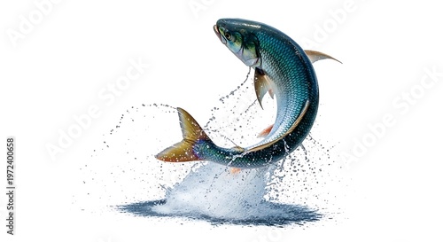 Jumping fish in clear water, aquatic animal, isolated on white background.