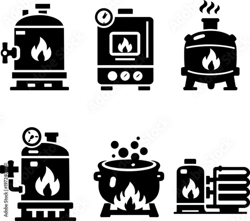 Line icon heating boiler system fire equipment set. Vector