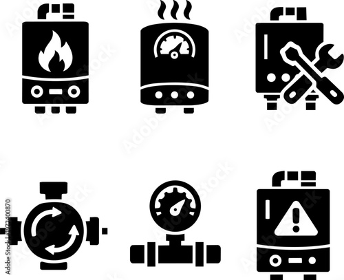 Line icon heating boiler system fire equipment set
