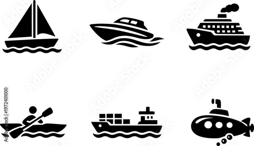 Line icon boat ship marine transport water set. Vector