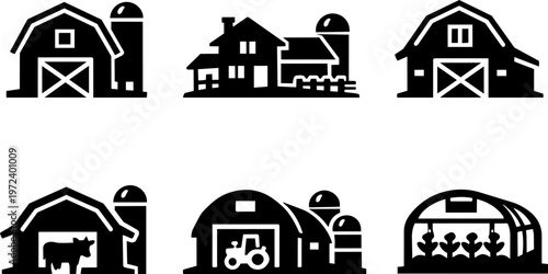 Line icon farm barn agriculture rural building set
