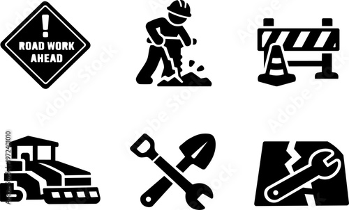 Line icon roadwork construction repair warning equipment set
