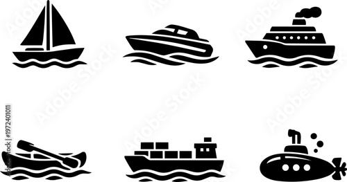 Line icon boat ship marine transport water set
