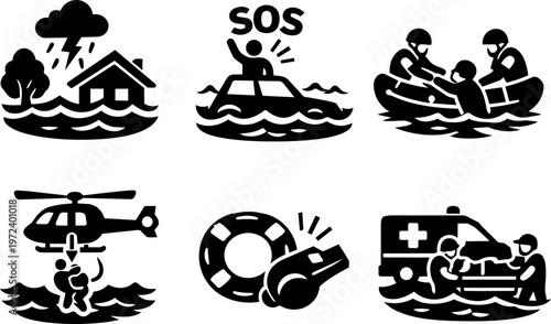 Line icon flood rescue emergency disaster evacuation set
