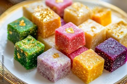 Assorted colorful barfi cubes neatly arranged on a white ceramic plate with golden accents 