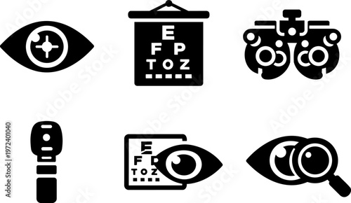Line icon eye exam vision optometry healthcare set.
