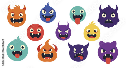 Collection of Cute and Scary Cartoon Monsters Faces.