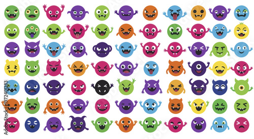 Collection of Cute and Colorful Cartoon Monsters with Various Expressions.