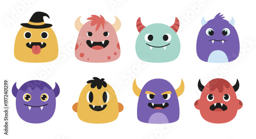 Collection of Cute and Spooky Cartoon Monsters for Halloween and Kids Designs.