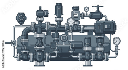Industrial Pressure System with Gauges and Valves - Complex Machinery