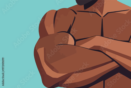 Strong arms crossed in front of a colorful background showing a muscular figure during a fitness session